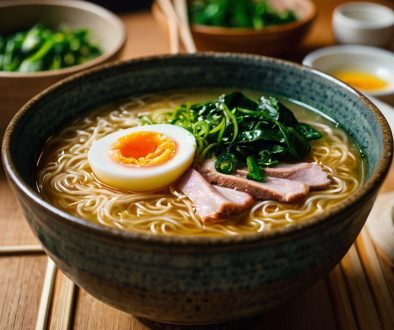 vressyntages-Ramen noodles with chicken broth, pork shoulder, eggs and greens