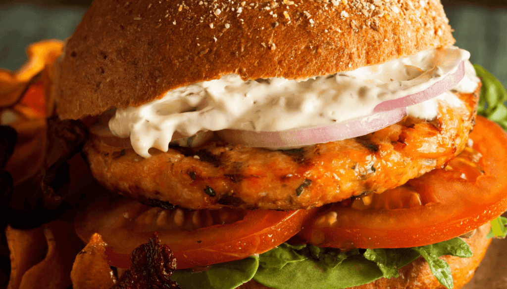 vressyntages-Salmon Burger with Caramelized Onions